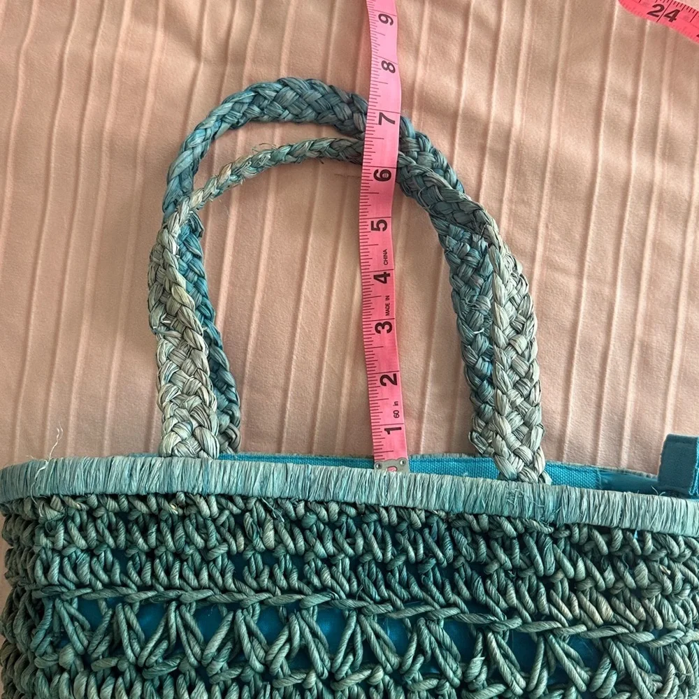 Cappella Straworld Boho Beach Bag Tote Zipper Closure Handwoven Teal Crochet